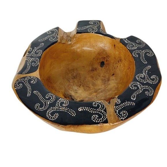 Vintage Natural Polished Teak Root Rustic Bowl Raw Chunky Painted Rim 11.5" - Picture 4 of 14